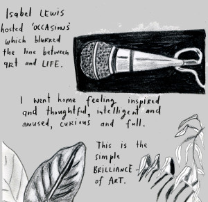 A grayscale illustration with text and drawings, including a detailed sketch of a microphone against a black background. Handwritten text reads, Isabel Lewis hosted 'OCCASIONS' which blurred the line between ART and LIFE. I went home feeling inspired and thoughtful, intelligent and amused, curious and full. This is the simple BRILLIANCE of ART. Also depicted are the sketches of plant leaves.