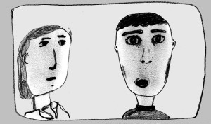 A grayscale drawing of two abstract faces with neutral expressions side by side. The face on the left has a longer, downturned mouth and the one on the right appears slightly more surprised with an open mouth.