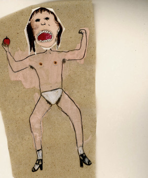 A mixed-media artwork displaying a topless figure making a roaring expression, raising their arms in a display of strength. The figure holds a red object in one hand and is wearing white underwear and black high-heeled shoes. The image combines drawing and collage techniques on a brown paper background.