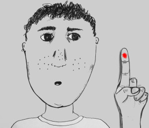 A grayscale sketch of a person with a neutral expression, raising their index finger with a red mark on the tip, possibly blood. The person has short hair, wide eyes, and freckles, and is wearing a round-neck top.