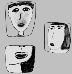 A set of three monochromatic sketches showing exaggerated facial expressions on abstracted faces. Each face is unique in its expression, ranging from surprise and concern to ambiguity and contemplation, highlighting a variety of human emotions.
