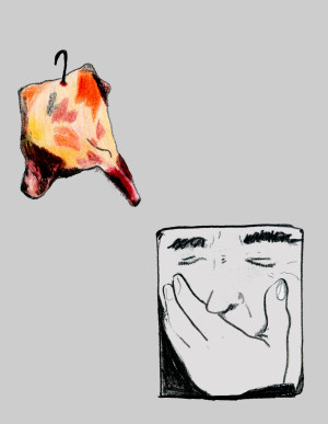 An illustration featuring a vibrant, multicolored piece of meat on a hanger to the left, and a monochromatic sketch of a person’s face with hands covering the mouth to the right, against a light background.