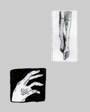 An artistic sketch showing two separate drawings: one of a pair of human legs from the thighs down, and another of a human hand with fingers slightly curled. Both images appear to be rendered in a monochromatic style against a gray background. The hand is drawn with a black background, creating a stark contrast, while the legs are drawn on a white background.
