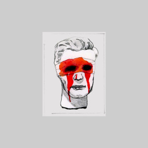 A sketched face with a striking red band covering the eyes, which drips down the cheeks like tears. The rest of the face is rendered in black and white with expressive lines, set against a pale gray background.