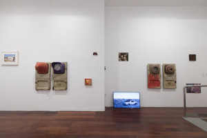 A gallery wall with several mounted art pieces, including two metal panels with fabric-wrapped objects, a small colorful piece in a frame, and a photograph of a Mustang truck. A television on the floor displays an image of a white car in a field.