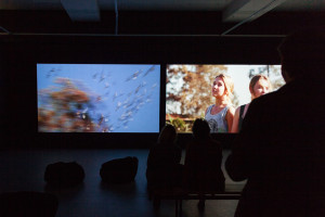 Viewers are silhouetted against two large screens in a dark room during a video installation. The left screen shows a blurred image with birds in flight, while the right screen displays two young women looking upwards, possibly at the birds. The audience is seated on benches and bean bags, engrossed in the visual experience.