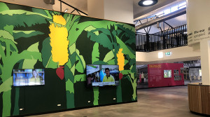 A colorful, wall-sized graphic of tropical plants with bright yellow and red fruit, wall-mounted video screens.
