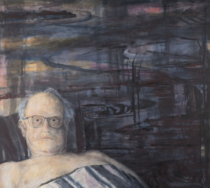 A portrait painting of an older man with glasses against a backdrop of abstract dark swirling patterns.