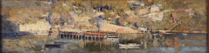 A panoramic landscape painting of a harbor with boats and buildings, reflecting in the water, under a bright sky.