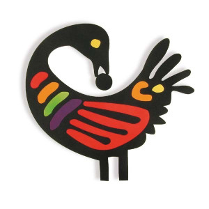 A graphic design of a colorful abstract bird in a modernist style against a white background.