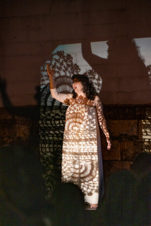 A singer in a white dress stands againast a wall with intricate shadow patterns projected onto her and the wall.