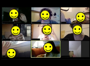 Screenshot of a virtual meeting with nine participants whose faces are overlaid with yellow smiley face icons for privacy.