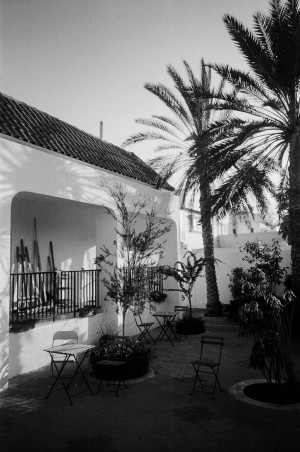 A black-and-white photograph depicts a serene courtyard at Bayt Al Mamzar in Dubai, UAE. The scene features several small tables and folding chairs scattered across a paved area. To the left, there is a white building with a tiled roof and an open porch with tools leaning against the wall. The courtyard is adorned with various plants and palm trees, casting intricate shadows on the ground. The overall atmosphere is peaceful and inviting, suggesting a quiet place for relaxation or writing.