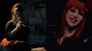 A split-screen image featuring two women. On the left, a woman with red hair in a bun, wearing glasses and a dark outfit, holds a microphone while seated against a stone wall. On the right, a woman with bright red hair and dark makeup, smiling and wearing a black outfit with spiked accessories, is in a dimly lit setting.