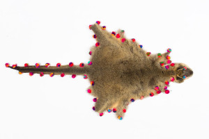 A flat hide in the shape of a flying animal, embellished with colorful pompoms along the edges, displayed on a white background.