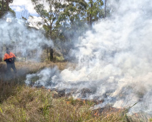 A person in high visibility clothing conducting a controlled burn in a grassy area with smoke filling the air.